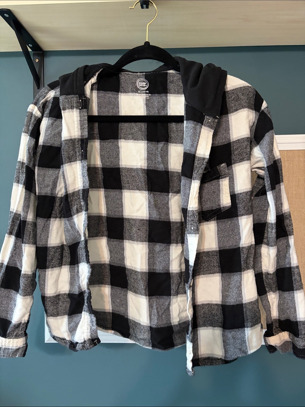 wonder nation Black & White Plaid Hooded Flannel Jacket